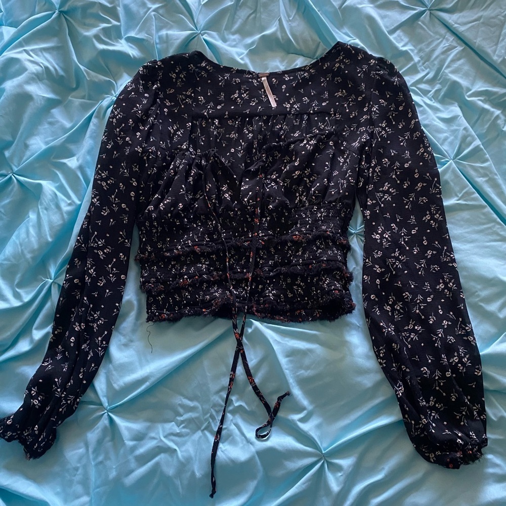 Free People Puff Sleeve Smocked Blouse in Black and Silver